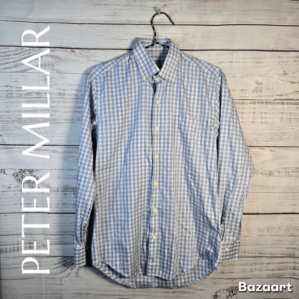 Peter Millar Blue Plaid Cotton Silk Button-Down Shirt Men's Small Classic Prep